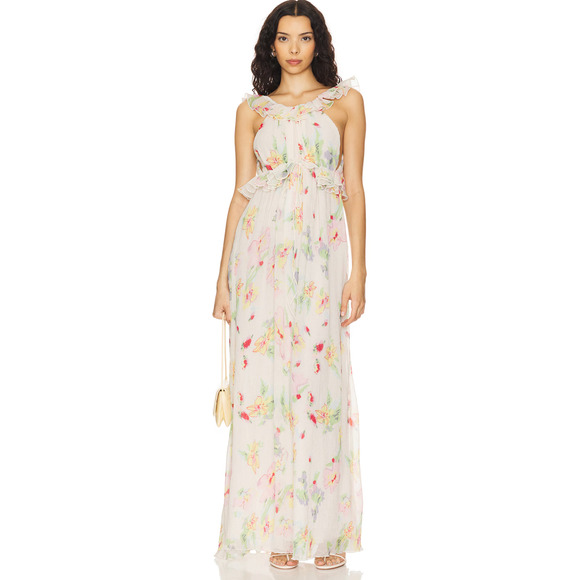 NWT! For Love & Lemons L Romantic Backless Abby Floral Maxi Dress Ruffle Cream - Picture 9 of 11